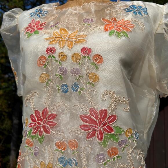 Vintage 70s Sheer Organza Peaked Puff Sleeve "Stained Glass" Boxy Cropped Blouse - Picture 3 of 8